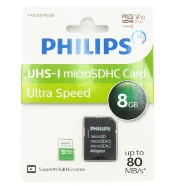 کارت حافظه MicroSDHC فیلیپس مدل Ultra Speed استاندارد UHS-I U1 سرعت 80MB/s ظرفیت 8 گیگابایت به همراه آداپتور کارت حافظه MicroSDHC فیلیپس مدل Ultra Speed استاندارد UHS-I U1 سرعت 80MB/s ظرفیت 8 گیگابایت به همراه آداپتور