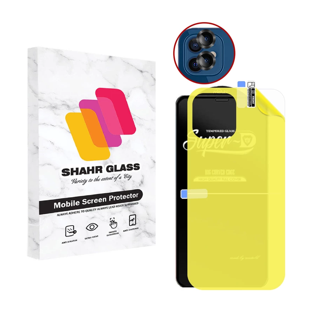 گلس گوشی اپل iPhone 12 شهر گلس مدل 2SNR به همراه محافظ پشت و لنز دوربین گلس گوشی اپل iPhone 12 شهر گلس مدل 2SNR به همراه محافظ پشت و لنز دوربین